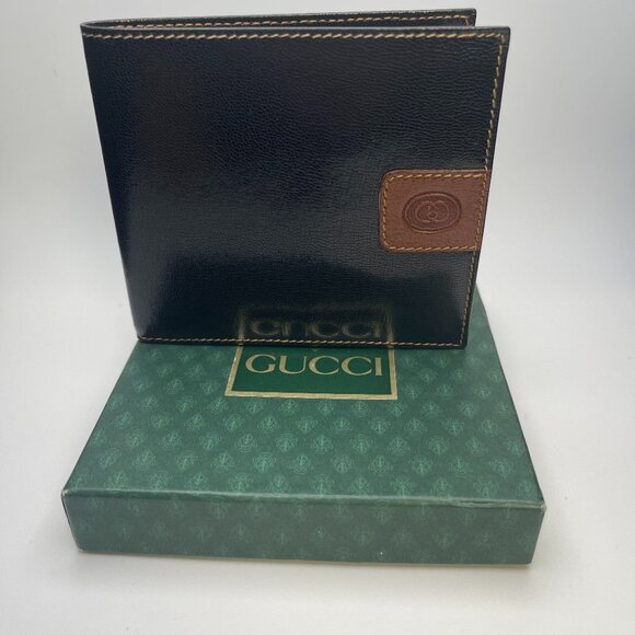 Gucci Men's Vintage Calfskin Leather Slim Bifold Wallet in Black/Brown- Preowned - Picture 1 of 13